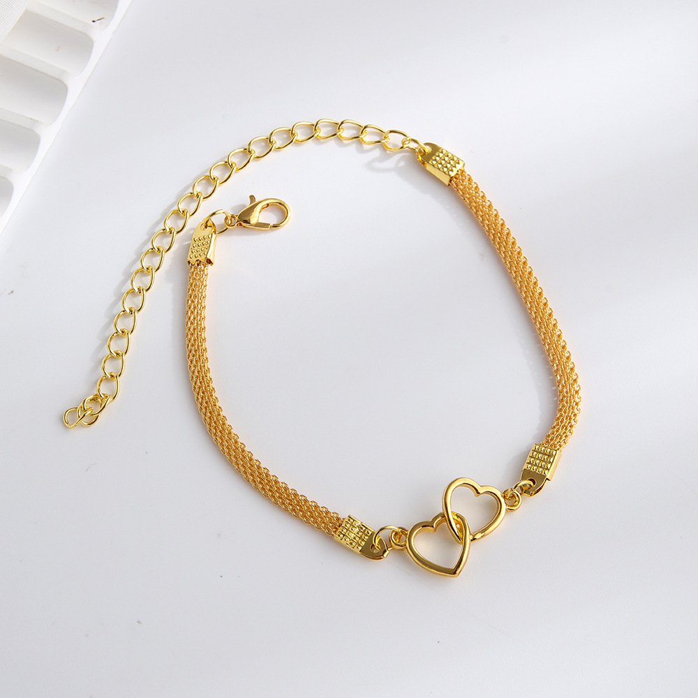 Double Chain Ankle Bracelet Gold Tone Heart Charm Anklet